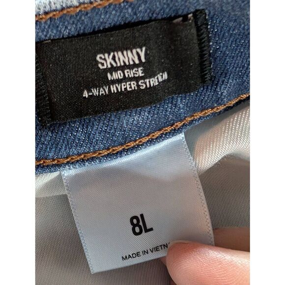 Express Women's Blue Medium-Wash Distressed Skinny Mid-Rise Denim Jeans Size 8L - Picture 3 of 7